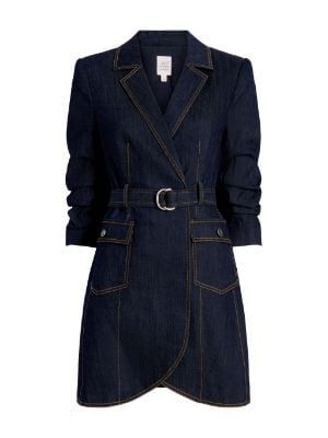 Cinq a Sept – Sultry French-Inspired Style – Farfetch Cinq A Sept, Belted Blazer, Short Denim Skirt, Evening Tops, Denim Chic, Denim Outerwear, Denim Blazer, Inspired Dress, Dark Wash Denim