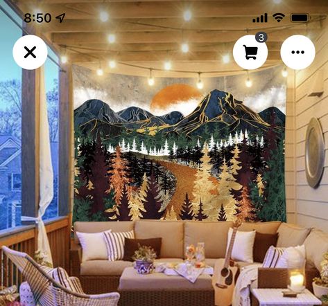 Movie Night Party Theme, Outdoor Movie Night Party, Nature Landscape Art, Mountain Tapestry, Tapestry Nature, Tree Tapestry, Memory Wall, Large Tapestries, Mountain Sunset