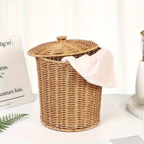 Woven Storage Basket Rustic Style Plastic Lid Decorative - Temu Canada Woven Laundry Basket, Laundry Basket With Lid, Laundry Hamper With Lid, Storage Baskets With Lids, Garbage Containers, Toy Storage Organization, Basket With Lid, Clothes Hamper, Toy Bins