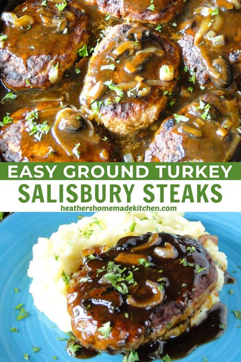 Turkey Steak Recipes, Turkey Salisbury Steak, Recipes Using Ground Turkey, Salisbury Steak Crockpot, Salisbury Steaks, Hamburger Steak Recipes, Homemade Salisbury Steak, Turkey Chops, Ground Turkey Recipes Easy