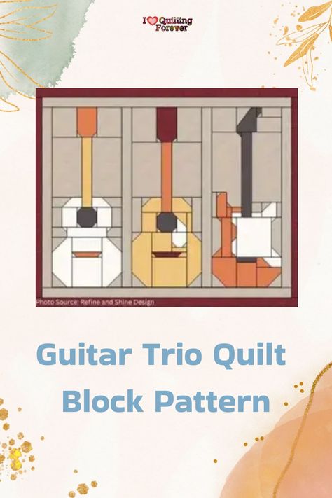 Craft a melodic masterpiece with the Guitar Trio Quilt Block Pattern from Refine and Shine Design. Instantly download patterns for acoustic, folk, and electric guitar blocks in four sizes, adding musical flair to your quilting. Guitar Quilt Pattern Free, Guitar Quilt Pattern, Recycle Fabric Scraps, Guitar Quilt, Quilt Pictures, Guitar Patterns, Fun Quilt, Joyful Noise, Picture Quilts