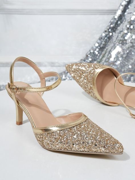 Shoes Heels Classy, 파티 드레스, Casual High Heels, Sequin Decor, Glitter Sandals, Heels Classy, Wedding Sandals, Ankle Strap Pumps, Seasonal Fashion