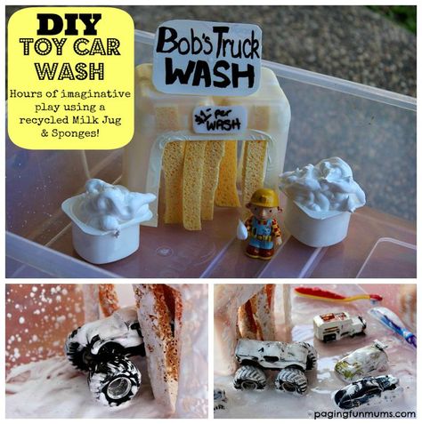 DIY Toy Car Wash - Using a recycled Milk Jug and some kitchen sponges!! Toy Car Wash, Diy Toy Car, Diy Toys Car, Tuff Tray, Crafts Easy, Boredom Busters, Indoor Activities For Kids, E Mc2, Easy Kids