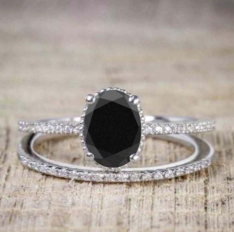 1.88 Ct Oval Natural Black & White Diamond Bridal Set Wedding Engagement Ring 14 White Gold, Couple Pave Ring Band, Womens Wedding Ring Sets, Ladies Silver Rings, Black Diamond Bands, Rings Promise, Rings Anniversary, Black Diamond Engagement, Valentine Anniversary, Wedding Rings Solitaire