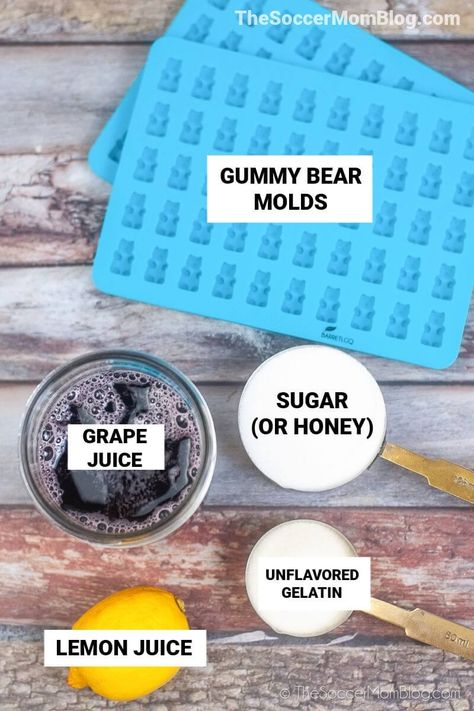 ingredients to make homemade gummy bears with grape juice Grape Juice Gummies, Honey Gummy Bears, Things To Do With Grapes, How To Make Gummy Candy, Home Made Gummies, Diy Gummy Candy, Grape Gummies, Diy Gummy Bears, Homemade Gummy Candy