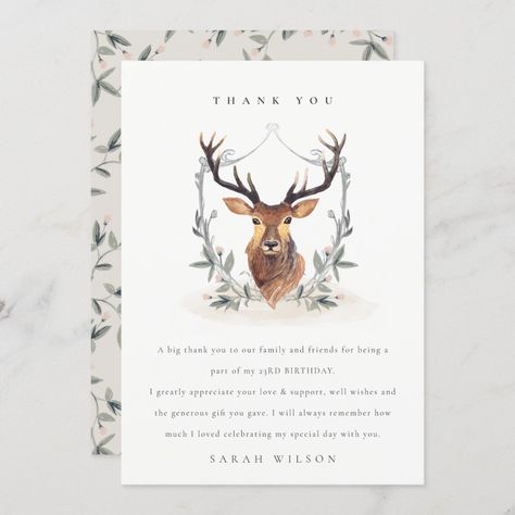 Cute Dusky Deer Floral Crest Any Age Birthday Thank You Card | #crestwreathwatercolorpastelmuted #foliageblushfloralrusticbutterfly #forestanimalscountrywoodswoodland #botanicalgardenleafysummerclassy #springuniquemodernelegantromantic #toddlerbohofalltrendywhimsical #genderneutraldreamybarn #simpleminimalochreyellowgreen #stagdoebuckroseleaves #cutedeerhornantlersboho Dear Antlers, Wedding Invitation Templates Rustic, Country Theme Wedding, Cute Deer, Birthday Thank You Cards, Country Wedding Invitations, Couple Shower, Wishing Well, Wedding Napkins