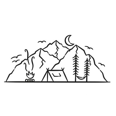 camping place line art illustration Camping Sketch, Fine Line Art, Line Art Illustration, Camping Places, Mountain River, Camping Art, Fine Line, Mini Tattoos, Art Illustration