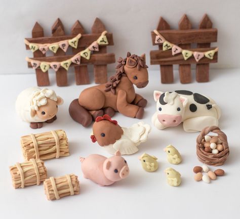 Fondant farm animal toppers - See policies for turnaround time by SeasonablyAdorned on Etsy https://www.etsy.com/listing/227857868/fondant-farm-animal-toppers-see-policies Womens Day Design, Farm Animal Cakes, Farm Cake, Fondant Animals, Fondant Cake Toppers, Farm Birthday Party, Animal Cakes, Animal Cake, Fondant Toppers