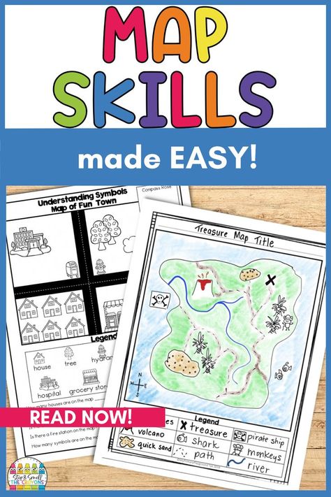 two printable map activities for teachers to use in the elementary classroom Teaching Map Skills, Teaching Maps, Map Skills Worksheets, Grade 1 Reading, February Classroom, Social Studies Unit, Spatial Awareness, Map Reading, Map Activities