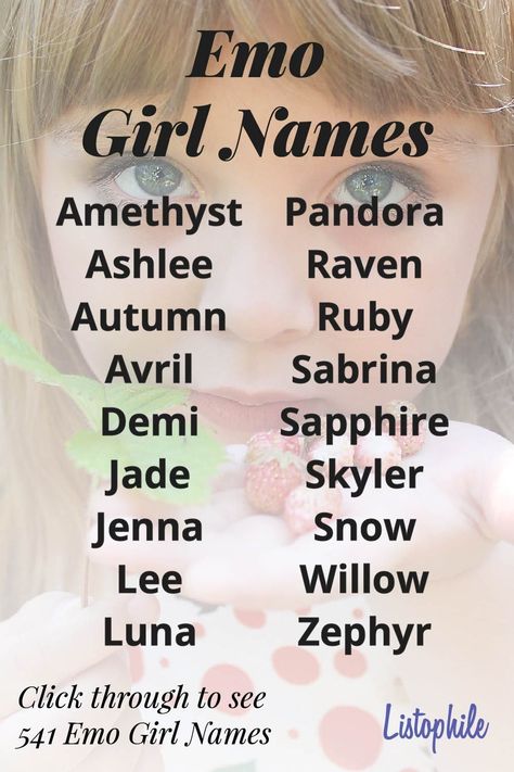 541 Emo Girl Names, featuring cute and cool emo names. These emotional female names are for girls in emo subculture and emo baby girls. Click through to see more Emo Girl Names. Goth Girl Names List, Hot Names For Women, Emotion Names, Emo Names Ideas, Emo Names Ideas Girl, Cool Female Names, Goth Girl Names, Emo Girl Names, Gothic Girl Names