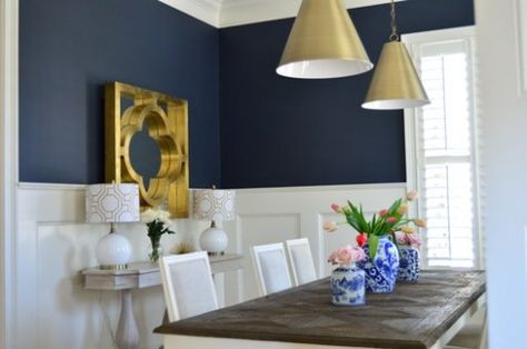 A navy wall above chair rail wainscoting is gorgeous! This paint color is lovely, and it looks great with pretty much any trim or flooring color, and metal tones, too! Hale Navy Benjamin Moore, Room Feng Shui, White Wainscoting, Diy Wainscoting, Hale Navy, Dining Room Paint, Dining Room Blue, Dining Room Remodel, Dining Room Colors