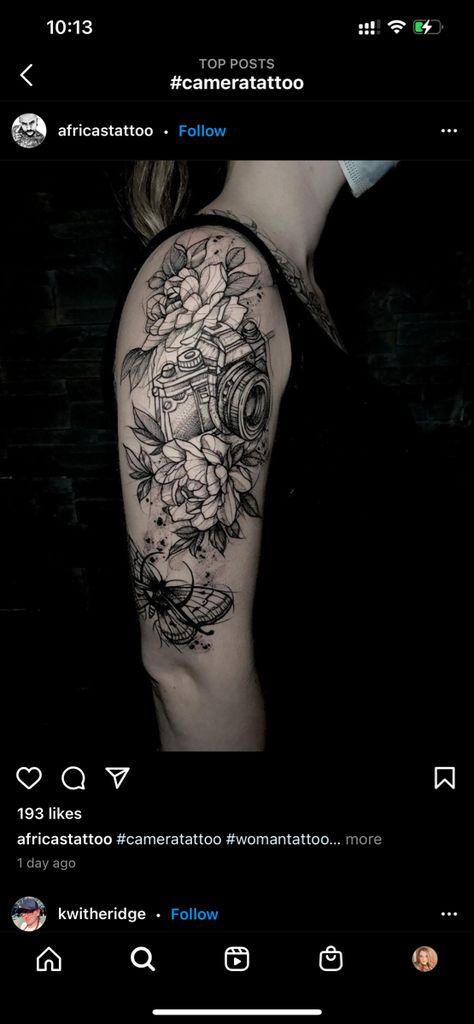 Floral Arm Tattoo, Camera Tattoo, Arm Tattoo, Skull Tattoo, Tattoos For Women, Tattoos, Floral, 10 Things, Arm Tattoos