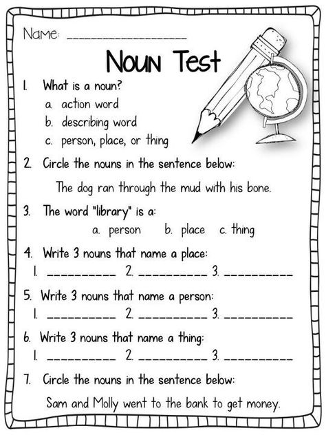 Nouns test for 1st Graders - Goes over various types of nouns Nouns And Verbs Worksheets, 2nd Grade Grammar, Describing Words, 2nd Grade Writing, Nouns Worksheet, 1st Grade Writing, 2nd Grade Ela, First Grade Writing, Verb Worksheets