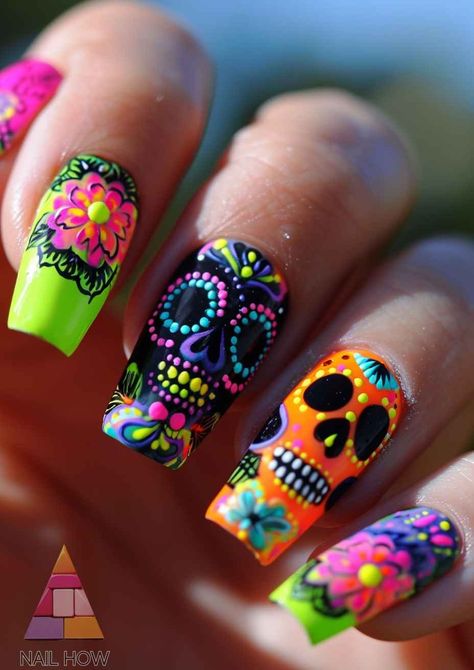 Day of the Dead Nail Designs - Vibrant Souls on Your Nails 62 Day Of The Dead Nail Ideas, Pinata Nails, Day Of The Dead Nails Acrylic, Mexico Theme Nails, Sugar Skull Nails Acrylic, Day Of The Dead Nail Art, Satanic Nails, Dia De Los Muertos Nail Ideas, Mexican Style Nails