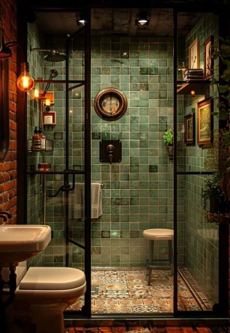 Speakeasy Bathroom, Mid Century Modern Bathroom, Art Bathroom, Wood Tones, Green Bathroom, Bathroom Inspo, Dream House Interior, Dream Apartment, Saved Pins