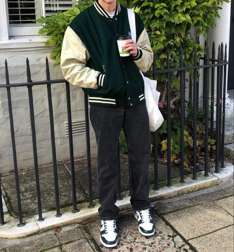 Outfit Varsity Jacket Outfit Aesthetic Men, Meghalaya Outfits, Varsity Jacket Aesthetic Boy, Letterman Jacket Outfit Men, Green Varsity Jacket Outfit, Jersey Jacket Outfit, Varsity Jacket Outfit Mens, Varsity Jacket Aesthetic, Letterman Jacket Outfit