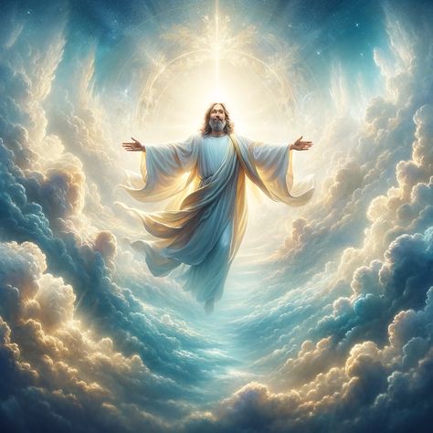 A serene and majestic scene depicting God with open arms in heaven, surrounded by a celestial landscape. The image conveys a sense of divine welcome, with ethereal light radiating from God, casting a gentle glow on the surrounding clouds. The colors are soft and heavenly, with hues of gold, light blue, and white dominating the scene. This portrayal aims to capture the essence of peace, love, and divine acceptance, making it an inspiring visual for Bible readers seeking comfort and guidance. Jesus Art Drawing, Jesus Background, Jesus Artwork, Jesus Christ Artwork, Heaven Art, Jesus And Mary Pictures, Jesus Christ Art, Pictures Of Jesus Christ, Christian Pictures