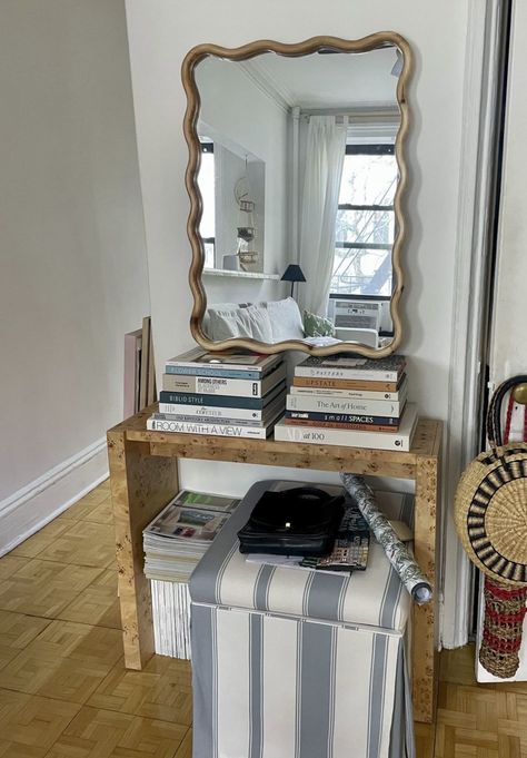 CB2’s Burl Console Table Doubles as My Apartment “Entryway” | Apartment Therapy Small Table For Entryway, Entryway Ideas With Table, Small Entryway Console Table, Cb2 Table, Burl Wood Console Table, Burl Wood Console, Entryway Apartment, Small Entry Tables, Table For Entryway