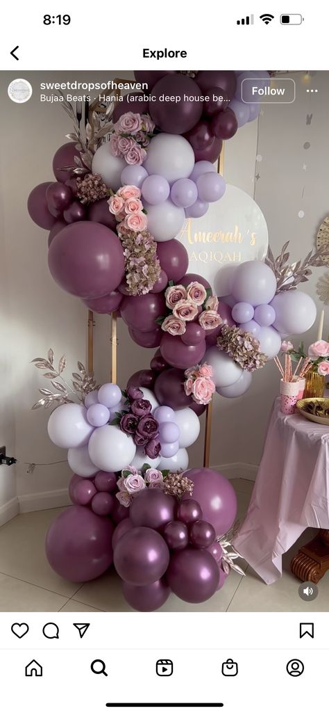 Plum Balloon Arch, Plum Birthday Party Decor, Mauve Pink Party Decor, Shades Of Purple Birthday Decorations, Birthday Party Ideas 60 Women, Mauve Party Decor, Lavender And Rose Gold Party Decor, Mauve Birthday Party Decorations, Purple Floral Birthday Party