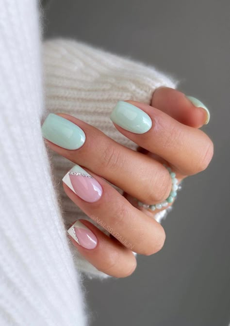 Acrylic Nail Designs Mint Green, Mint Green Nails, Mint Nails, April Nails, Pastel Nails Designs, Milky Nails, Simple Gel Nails, Cute Gel Nails, Short Nail