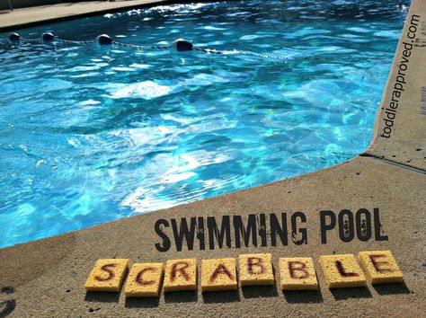 A way to teach both swimming and letters!  Throw sponge letters in the pool for the kids to swim and retreive.  Then, with younger kids, work on putting the letters in alphabetical order, and finding the letters that made up their names.  With older kids, see how many simple words they can form using the letters they collect.  Then throw them back in and swim again. Diy Pool Toys, Water Activities For Kids, Pool Games, Water Games, Diy Pool, Learn To Swim, Pool Time, Swim Team, Pool Toys