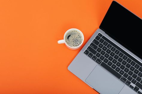 Orange Desk, Mug Of Coffee, Blank Screen, Orange Table, Ear Buds, Hd Pictures, Orange Background, Cup Of Coffee, Coffee Tea