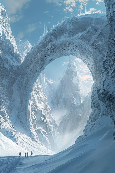 people are standing by the portal leading to an underground cave, in the style of futuristic visions ,snow scenes, realistic and hyper-detailed renderings, organic architecture, whistlerian, frozen movement, futuristic spacescapes Ice World Concept Art, Snow Apocalypse, Mountain Concept Art, Snow Kingdom, Frozen Wasteland, Frozen Kingdom, Snow Cave, Ice Kingdom, Snow City