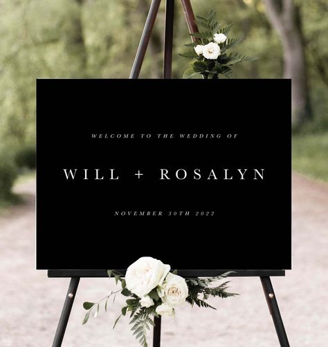 Black Wedding Signs, Black Wedding Sign, Wedding Welcome Sign Black, Black Wedding Welcome Sign, Black Tie Wedding Decor, Modern Black Wedding, Wedding Sign Modern, Modern Wedding Signs, Entrance Signs