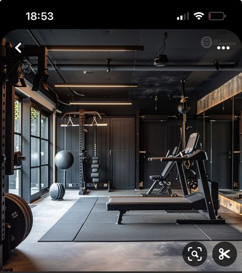 Dark Home Gym, Black Garage Gym, Black Home Gym, Home Gym Black, Gym Business Plan, Dark Gym, Ranch Aesthetic, Gym Designs, Black Garage