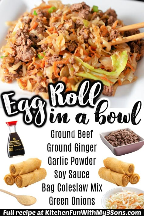 Egg Roll in a Bowl is the super tasty, quick, and easy recipe you'll want to add to your regular dinner rotation. Ground beef, cabbage, carrots, soy sauce, and seasonings all sautéed together to make the perfect one pan dinner that is also keto-friendly. Easy Egg Roll In A Bowl, Spaghetti Lasagna, Ground Beef And Cabbage, Beef Cabbage, Eggroll In A Bowl, Egg Roll In A Bowl, Dinner Keto, Dinner Rotation, Egg Roll Recipes