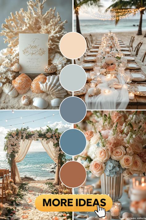 Visit our site for your serene beach wedding planning inspiration! Discover theme ideas like Nautical Elegance, Tropical Paradise, Boho Beach Chic, Seashells and Starfish, Under the Sea, or Sunset Romance. Use these color inspirations to craft the perfect color scheme or color palette that will make your celebration truly unforgettable on your special day. Fall Beach Wedding Colors November, Fall Beach Wedding Decor, Elegant Beach Wedding Ideas, Fall Beach Wedding Color Palette, Ocean Wedding Color Palette, Terracotta Beach Wedding, Hawaii Wedding Colors, Wedding Color Schemes Beach, Beach Wedding Color Schemes