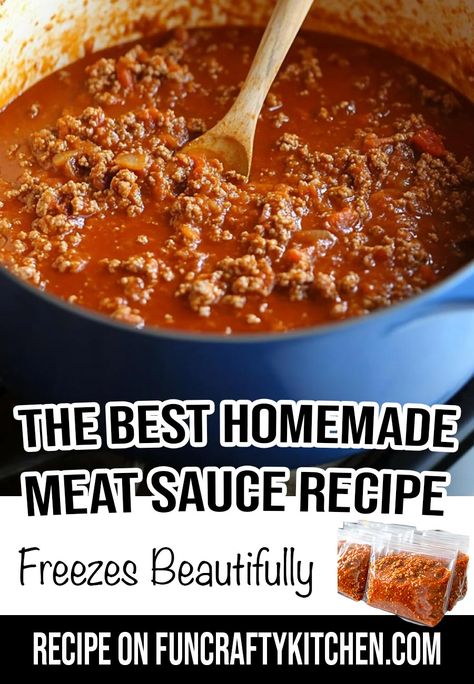 The BEST Homemade Meat Sauce Recipe - FunCraftyKitchen Crockpot Meat Sauce, Homemade Lasagna Recipes, Meat Sauce Recipe, Pickles Canning, Crockpot Meat, Italian Meat Sauce, Indian Chutney, Homemade Meat Sauce, Beef Tip Recipes