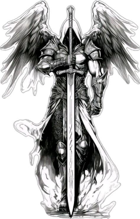 Angel Warrior Tattoo, Guardian Angel Tattoo Designs, Warrior Tattoo Sleeve, Wing Tattoo Men, Unique Half Sleeve Tattoos, Guardian Angel Tattoo, One Line, Simple Tattoos For Guys, Knight Tattoo