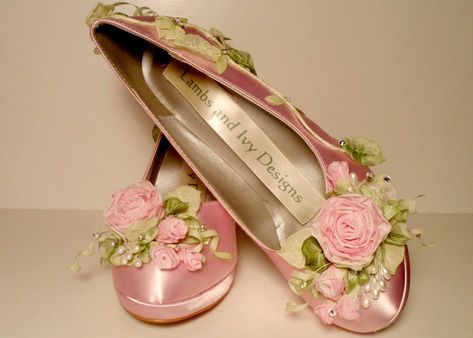 These were made for a bride getting married at Disney Land Bride Flats, Indian Shoes, Fairy Shoes, Pink Platform, Princess Bridal, Flower Girl Shoes, Pink Platforms, Flower Shoes, Wedding Flats