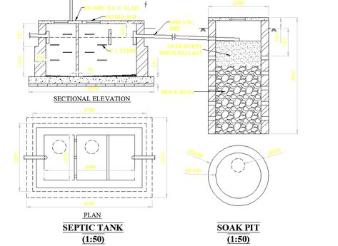 Septic tank plan dwg file. find here septic tank layout plan, soak pit, and sectional elevation design in autocad format. Septic Tank Plan And Section, Septic Tank Design Drawing, Septic Tank Landscaping, Septic Tank Size, Concrete Septic Tank, Sectional Elevation, Fossa Séptica, Septic Tank Design, Niche Decor