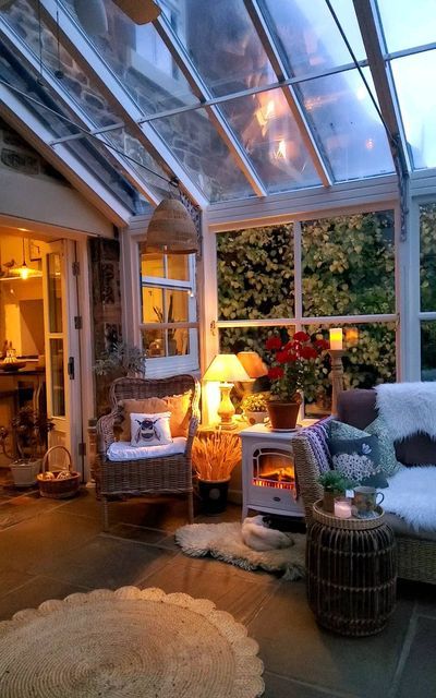 Cottage Conservatory Interior, Conservatory Room Ideas, Reading Conservatory, Rustic Conservatory Ideas, Orangery Interior Design, Conservatory Lounge Ideas, Conservatory Reading Room, Hygge Conservatory, Conservatory Decor Small Cosy