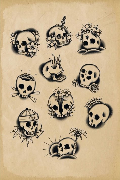 Tattoo Dada, Tiny Skull Tattoos, Traditional Skull Tattoo, Small Skull Tattoo, Traditional Skull, Skull Rose Tattoos, Simple Skull, Traditional Style Tattoo, Flash Ideas