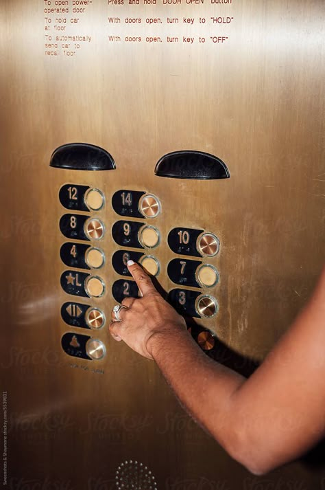 "Going Up, Woman Press Button On The Elevator" by Stocksy Contributor "Sweenshots & Shaymone" - Stocksy Elevator Buttons Aesthetic, Aesthetic Elevator, Elevator Aesthetic, Wes Anderson Inspired, Elevator Buttons, Shot Film, Collage Project, Elevator Music, Elevator Design