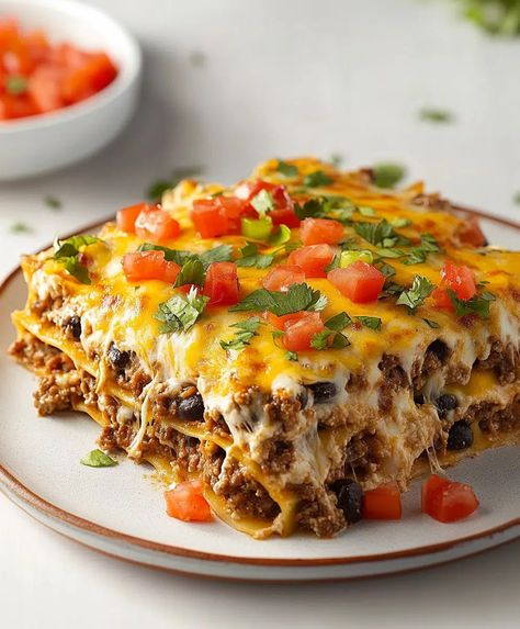 Mexican Lasagna Recipe - avarecipes.com Mexican Lasagna With Tortillas, Mexican Lasagne, Mexican Lasagna Recipe, Enchilada Lasagna, Mexican Lasagna Recipes, Vegetarian Lasagna Recipe, Mexican Enchiladas, Beans And Cheese, Taco Lasagna