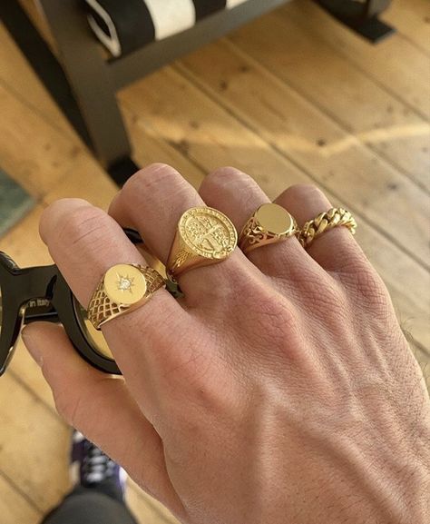 #mensrings #mensjewelry #mensfashion #chainedandable Rafe Cameron, Inexpensive Jewelry, Mens Rings Fashion, Mens Gold Jewelry, Mens Gold Rings, Gold Ring Designs, Dope Jewelry, Jewelry Lookbook, Mens Accessories Jewelry