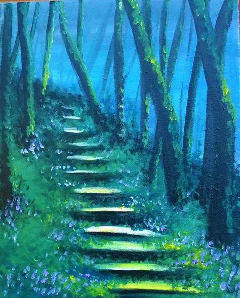 Fairy Tale Forrest painting idea with pretty little blue flowers along the steps and misty blue sky peeking behind the trees. Simple Fantasy Painting Ideas, Painting Ideas Fantasy Easy, Fantasy Painting Ideas On Canvas, Simple Fantasy Painting, Fantasy Painting Ideas Easy, Simple Fairy Painting, Fantasy Painting Easy, Painting Ideas Forest, Painting Ideas Trees