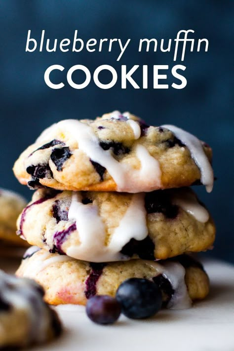 Blueberry Muffin Cookies, Blueberry Cookies Recipes, Muffin Cookies, Lemon Glaze Recipe, Blueberry Cookies, Cake Mix Cookie Recipes, Blueberry Desserts, Blueberry Scones, Lemon Glaze