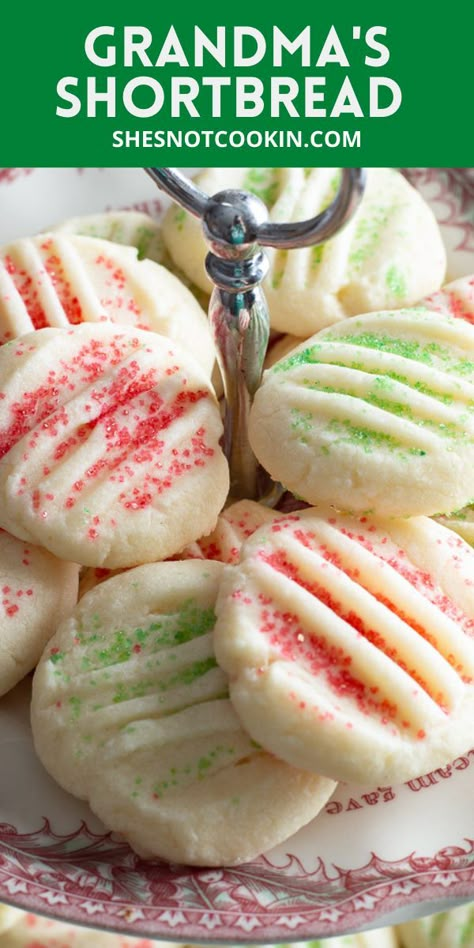 Grandma's Shortbread Cookies on red and white tiered tray. Shortbread Cookies With Cornstarch, Best Shortbread Cookie Recipe, Holiday Baking Gifts, Cute Christmas Desserts, Best Shortbread Cookies, Shortbread Cookies Christmas, Shortbread Cookies Easy, Christmas Cookie Recipes Holiday, Sprinkles Recipe