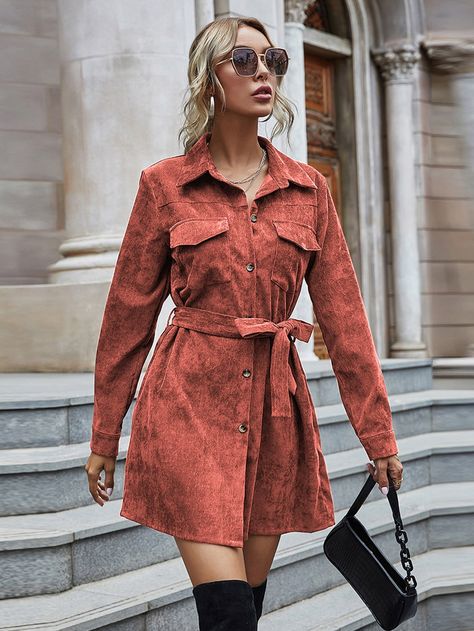 Button-up Shirt Dress With Pockets For Fall, Fall Button-up Shirt Dress With Placket, Corduroy Button Up Dress, Casual Corduroy Dresses With Button Closure, Corduroy Shirt Dress, Corduroy Button-up Dress With Button Closure, Fashion Work Outfit, Shirt Dress Outfit, Belted Shirt Dress