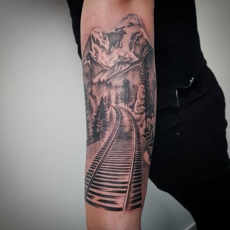 Railroad Tattoo, Train Tattoo, Lines Tattoo, Leg Sleeve, Mountain Tattoo, Leg Sleeves, Line Tattoos, Tatting, Tattoo Ideas