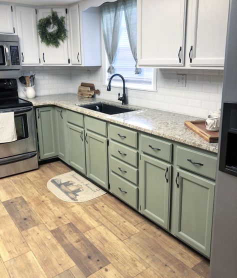 Kitchen Ideas Sage Green Cabinets, Green Kitchen Ideas Farmhouse, Old Kitchen Ideas Farmhouse Style, Green Cabinet Farmhouse Kitchen, Kitchen Counter Color Ideas, How To Make A Dark Kitchen Look Brighter, Sage Green Farmhouse Kitchen, Kitchen Cabinet Color Ideas Two Tone, Sage Cabinets Kitchen