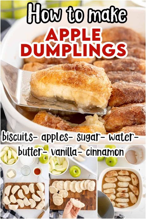 🍎 Try these delicious Apple Dumplings! Tart apples wrapped in flaky biscuits and smothered in a homemade buttery vanilla sauce. Perfect for any occasion! Biscuit Apple Dumplings, Apple Dumplings With Biscuits, Easy Apple Dumplings With Crescent Rolls, Grands Biscuit Recipes Dessert, Apple Biscuit Dessert, Apple Dumping, Grand Biscuit Recipes, Biscuit Dishes, Apple Dumplings Recipe