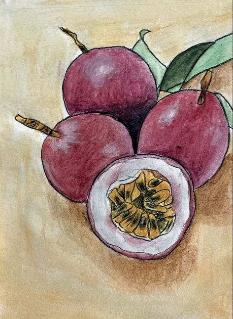 Passion Fruit Drawing, Food Sketchbook, Sketching Challenge, Painting Exercises, Fruit Tattoo, Smoothie Bar, Fruit Photography, Colored Pencil Drawing, Nature Journal