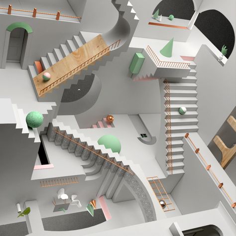 Illusory Space, Escher Relativity, Escher Stairs, Labyrinth Design, Isometric Drawing, Surreal Artwork, Clinic Design, 3d Artist, Staircases