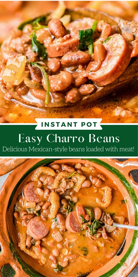 Instant Pot Charro Beans will instantaneously become your new favorite Mexican side dish! These Cowboy Beans are so tender and soft, and they're packed in with bacon, smoked sausage, chorizo, and more! Instant Pot Charro Beans, Charro Beans, Beans And Sausage, Cowboy Beans, Mexican Side Dishes, Dry Beans, Best Bread Recipe, Beans Recipe, Easy Bread Recipes